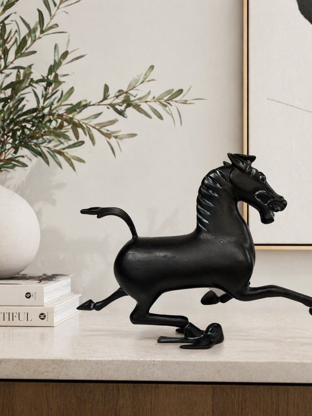Vintage Black Horse Sculpture – Heavy Cast Metal Mid Century Modern Decor